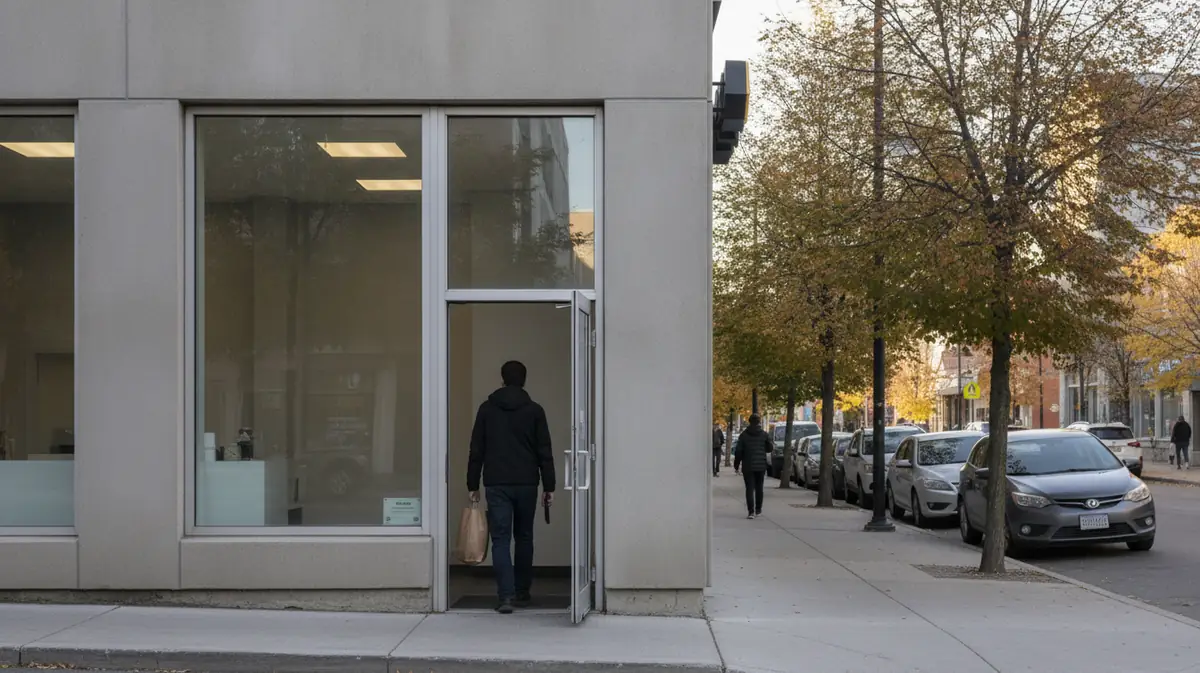 Devanture sobre d'une boutique officielle de cannabis au Quebec, un client sortant avec un sac neutre