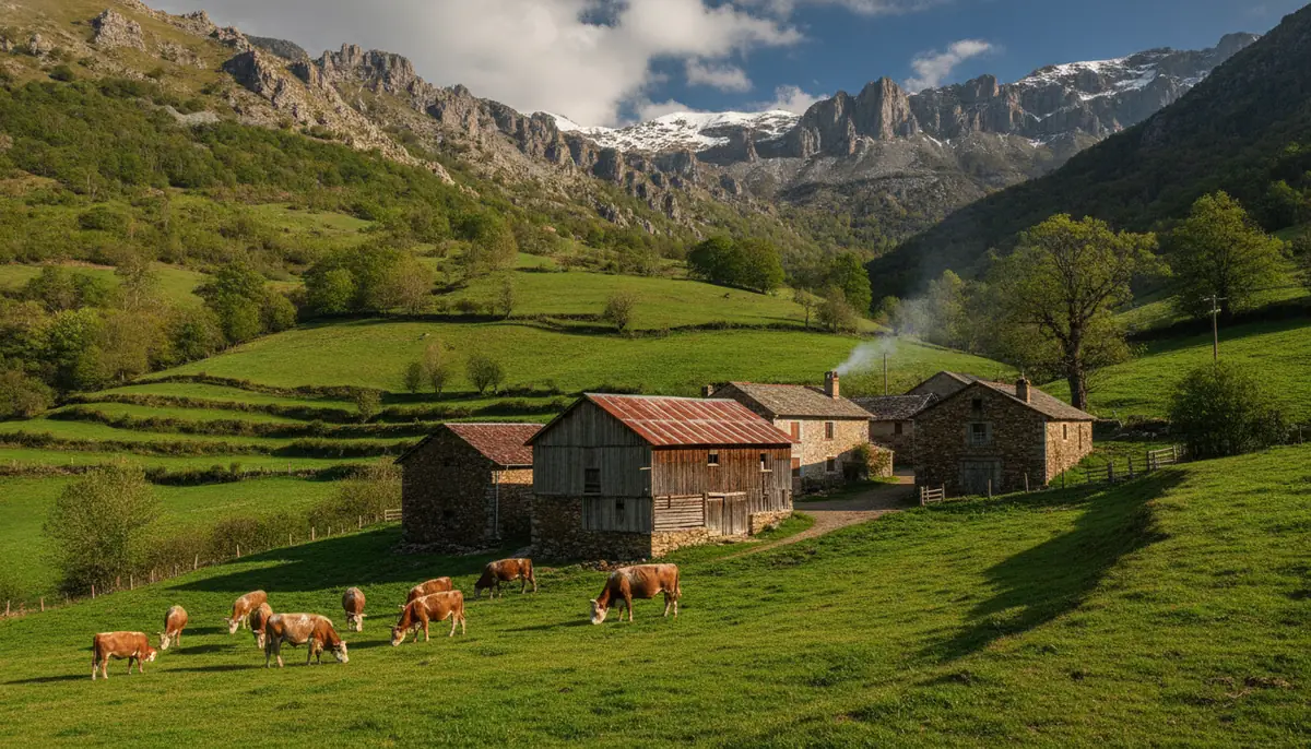 Ferme de montagne dans une vallée pyrénéenne, prairies en terrasses et bâtiments agricoles