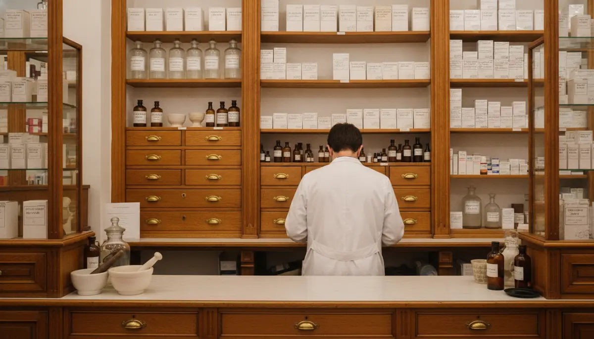 Comptoir de pharmacie francaise, pharmacien de dos preparant une commande, lumiere chaude de fin de journee