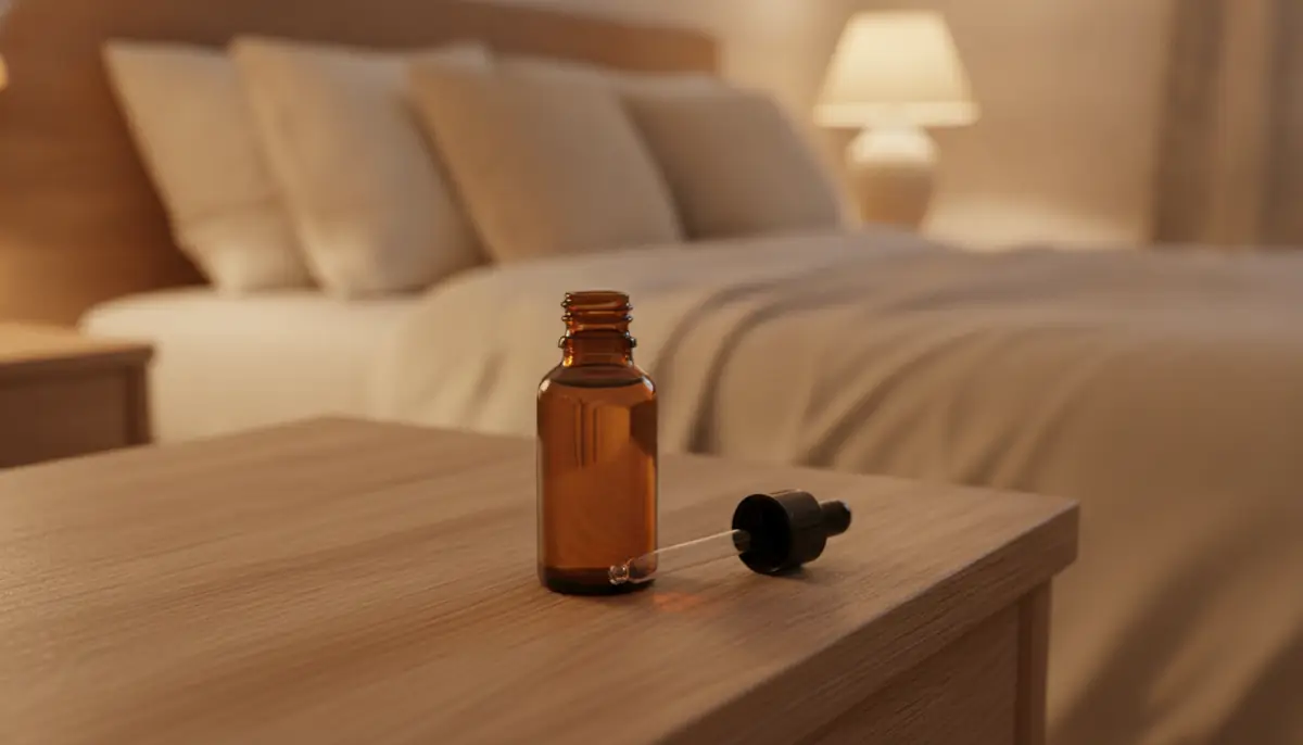 Flacon d'huile de CBD avec sa pipette pose sur une table de chevet en bois, lumiere chaude du soir