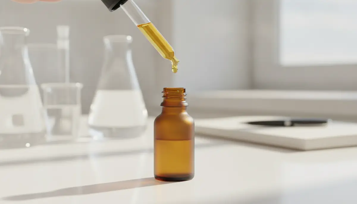 Une pipette d'huile de CBD au-dessus d'un flacon ambré sur une paillasse de laboratoire
