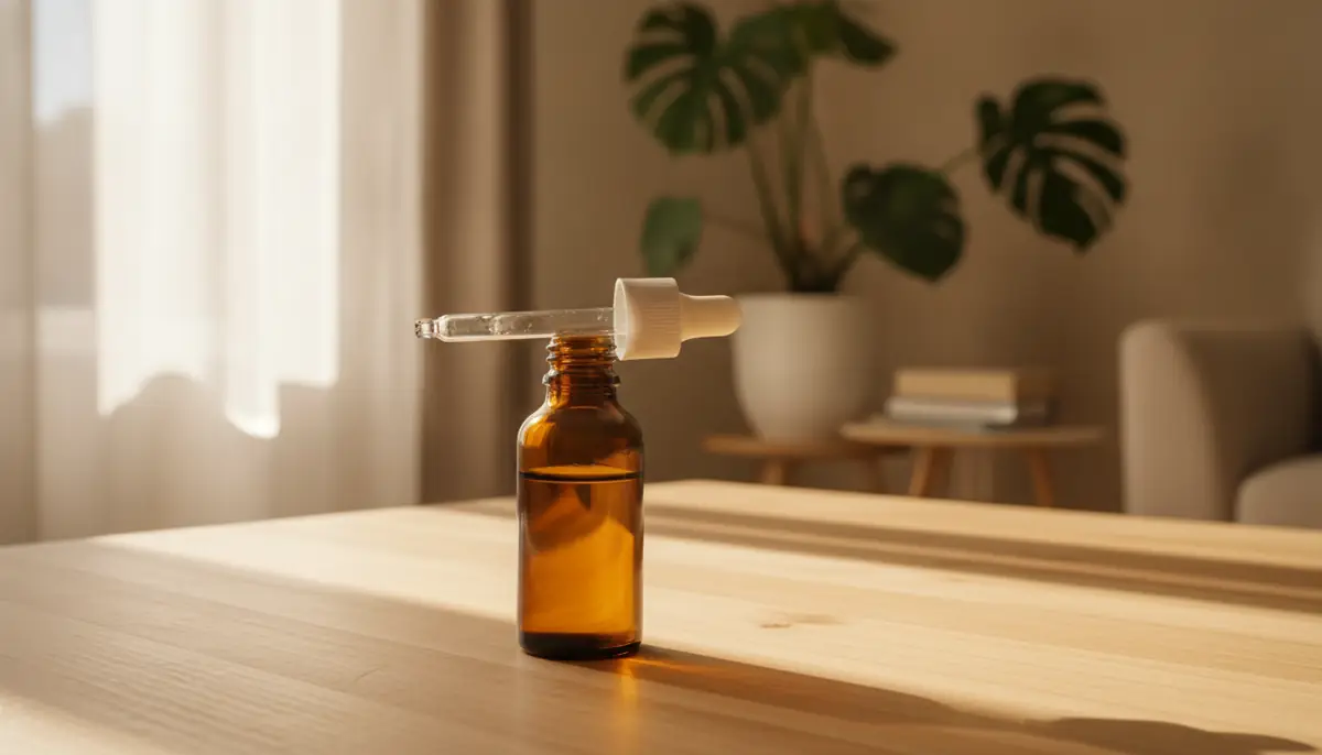 Flacon d'huile de CBD et pipette poses sur une table en bois clair pres d'une fenetre lumineuse