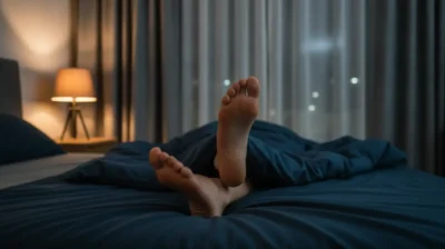 Jambes d'une personne allongee sous une couette claire dans une chambre a l'ambiance nocturne calme