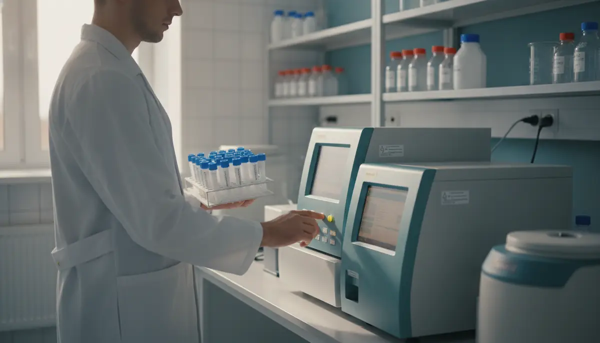 Paillasse de laboratoire de toxicologie avec tubes de prélèvement salivaire et écouvillons