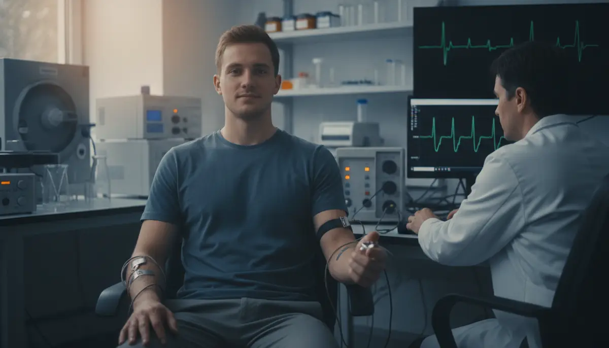 Volontaire equipe de capteurs de frequence cardiaque lors d'un essai clinique en laboratoire