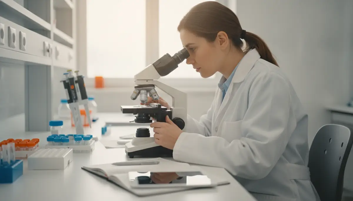 Chercheuse en blouse blanche observant un echantillon au microscope dans un laboratoire de neurosciences