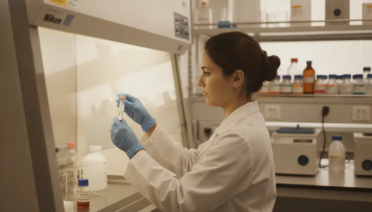 Chercheuse en blouse manipulant des flacons de cellules cryoconservées sous une hotte de laboratoire