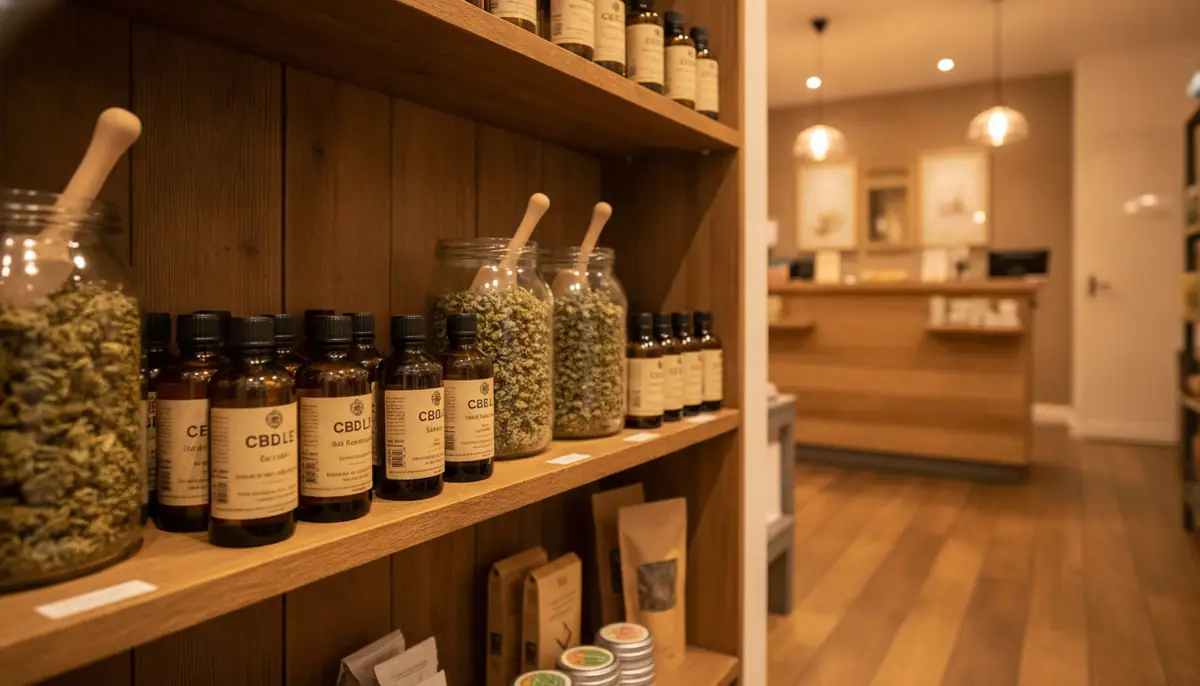 Rayon de produits de CBD bien-être, flacons d'huile et fleurs en bocaux dans une boutique française