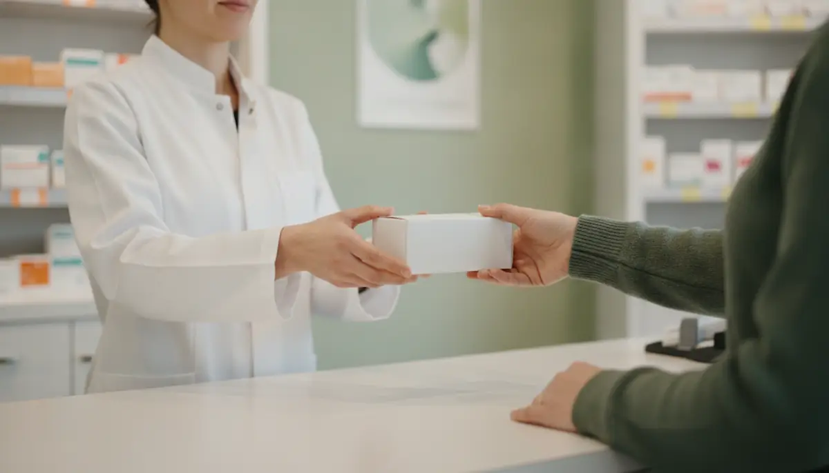 Comptoir de pharmacie en France, remise d'une boite neutre a un client