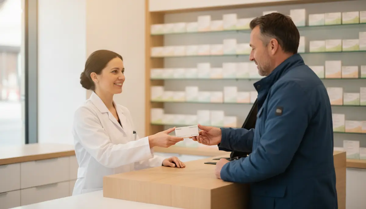 Comptoir de pharmacie ou une pharmacienne remet une boite de medicament a un client, ambiance calme et lumiere chaude