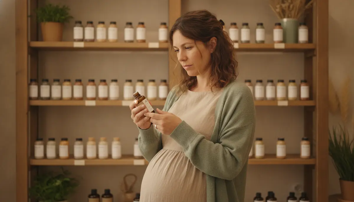 Femme enceinte lisant attentivement l'étiquette d'un flacon dans une boutique de bien-être
