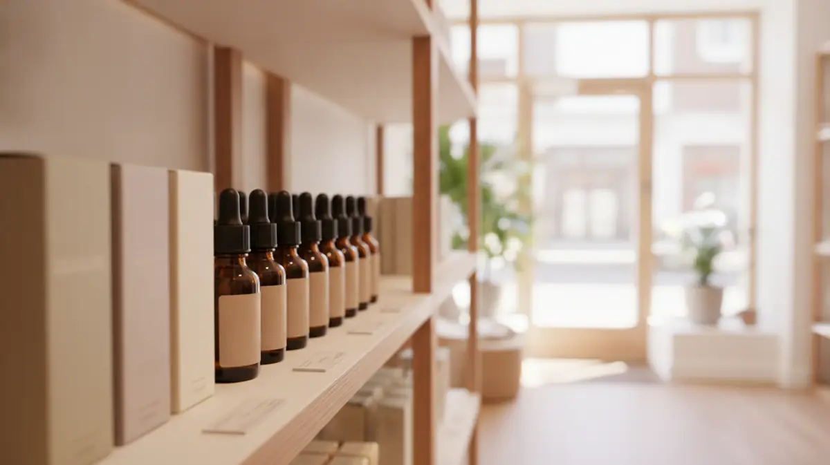 Rayon de compléments au CBD avec des flacons compte-gouttes ambrés et des boîtes neutres dans une boutique lumineuse