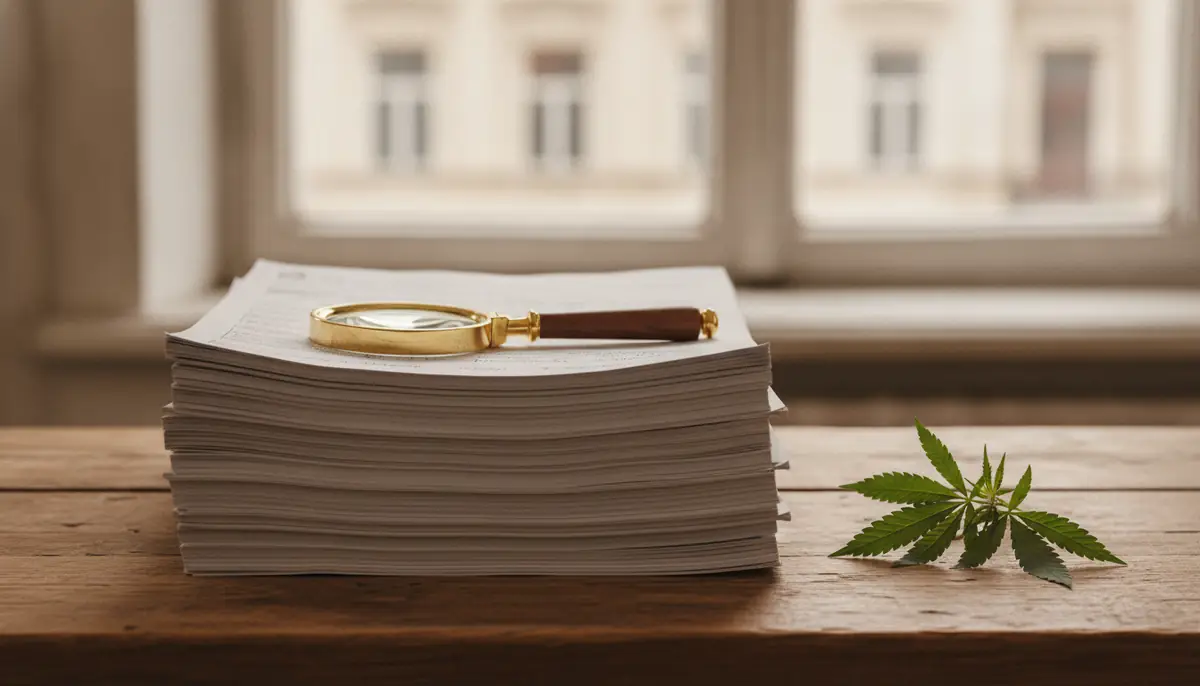 Documents officiels empiles sur un bureau en bois avec une loupe et un brin de chanvre, lumiere naturelle