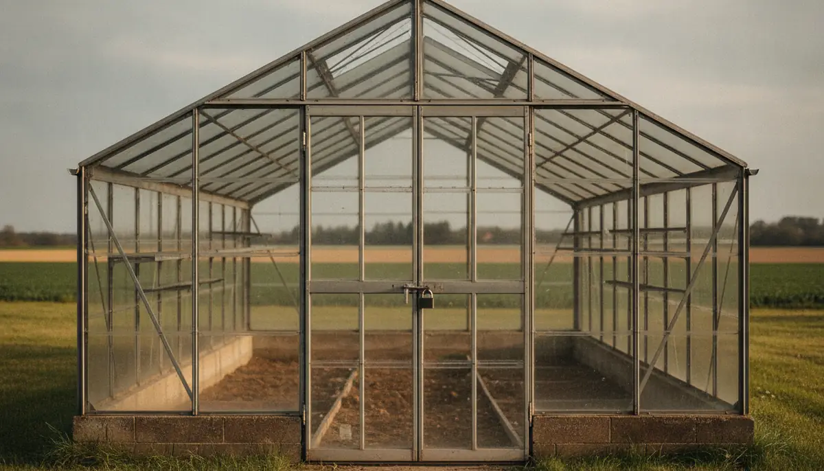 Serre horticole vide vue de l'extérieur, symbole de l'obstacle du permis de construire pour les clubs cannabis