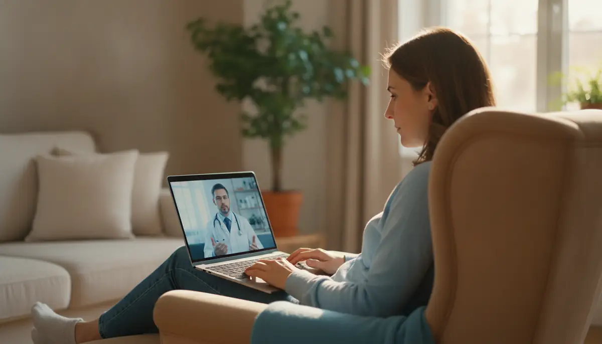 Patient en teleconsultation avec un medecin sur l'ecran d'un ordinateur portable, dans un salon