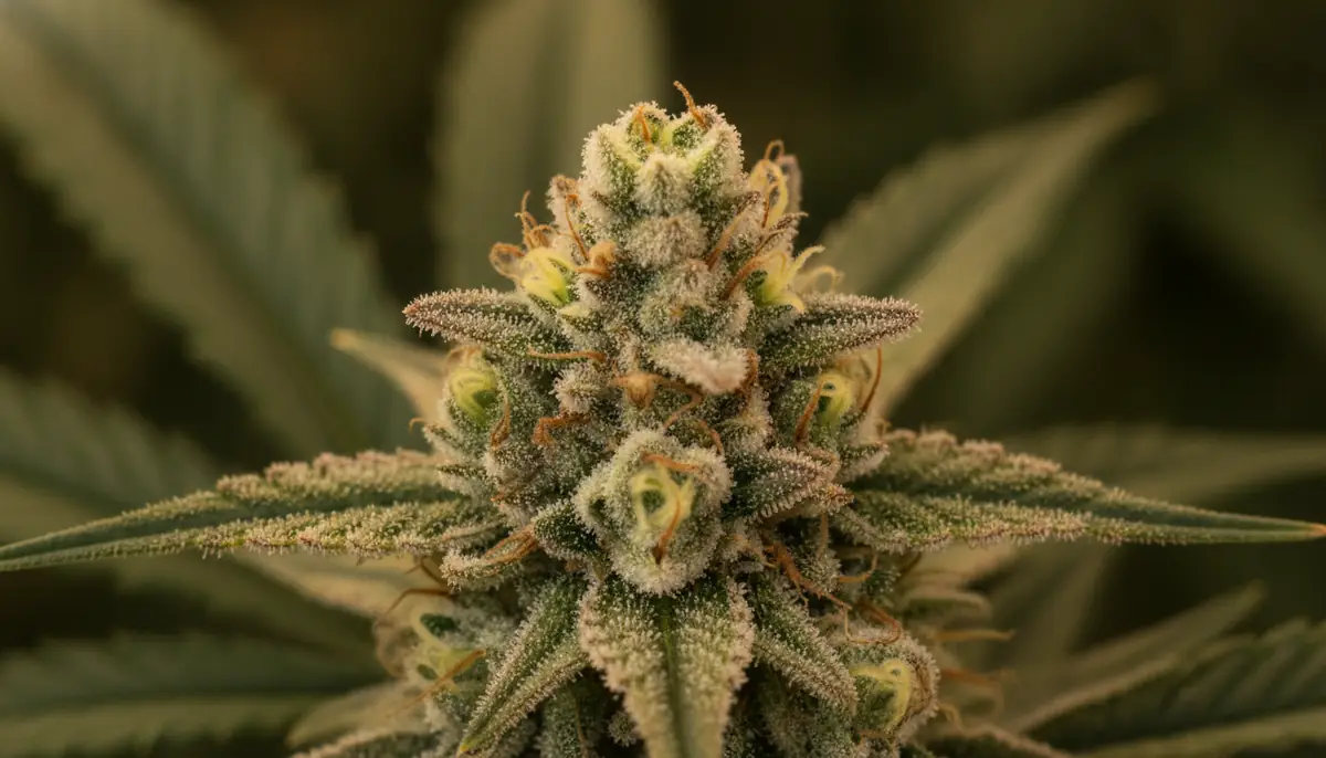 Gros plan sur des trichomes et des glandes résineuses d'une fleur de cannabis, sièges des terpènes