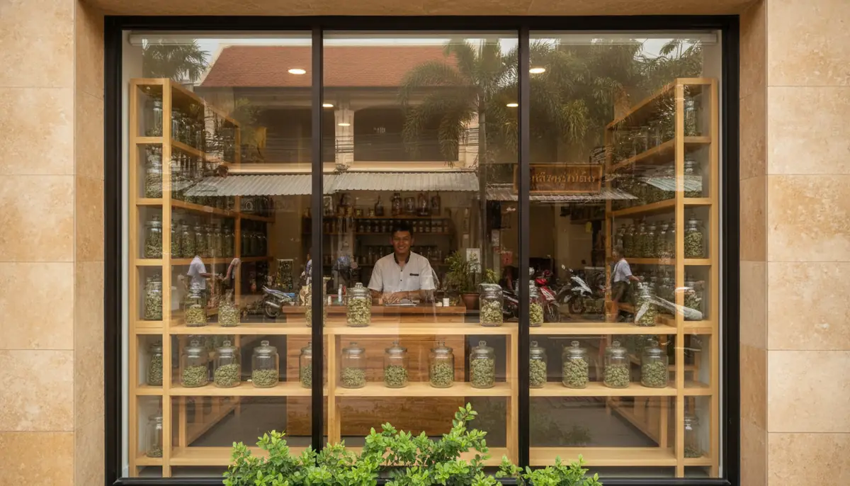 Devanture d'une boutique de cannabis dans une rue commerçante thaïlandaise
