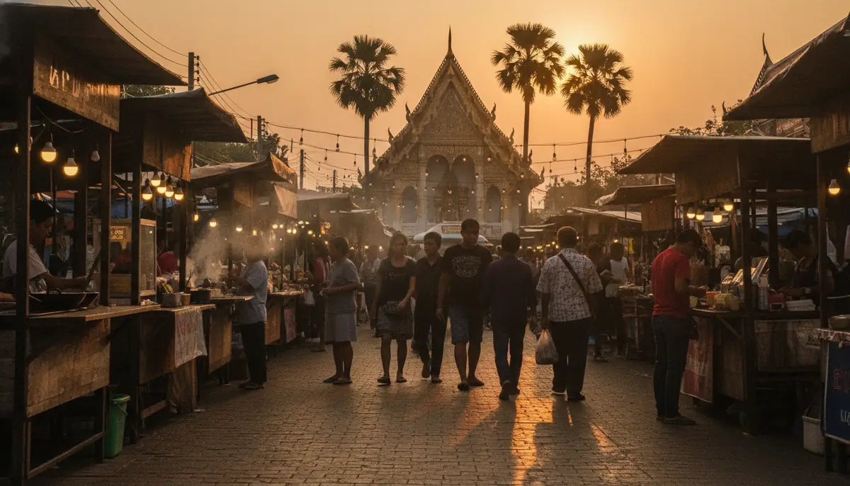 Rue animée en Thaïlande avec enseignes et passants au coucher du soleil