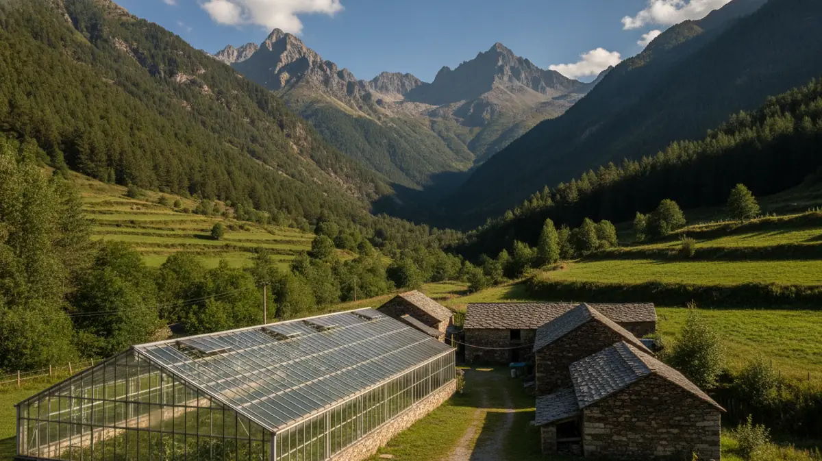 Vallée de montagne en Andorre avec fermes et serre agricole moderne au pied des Pyrénées