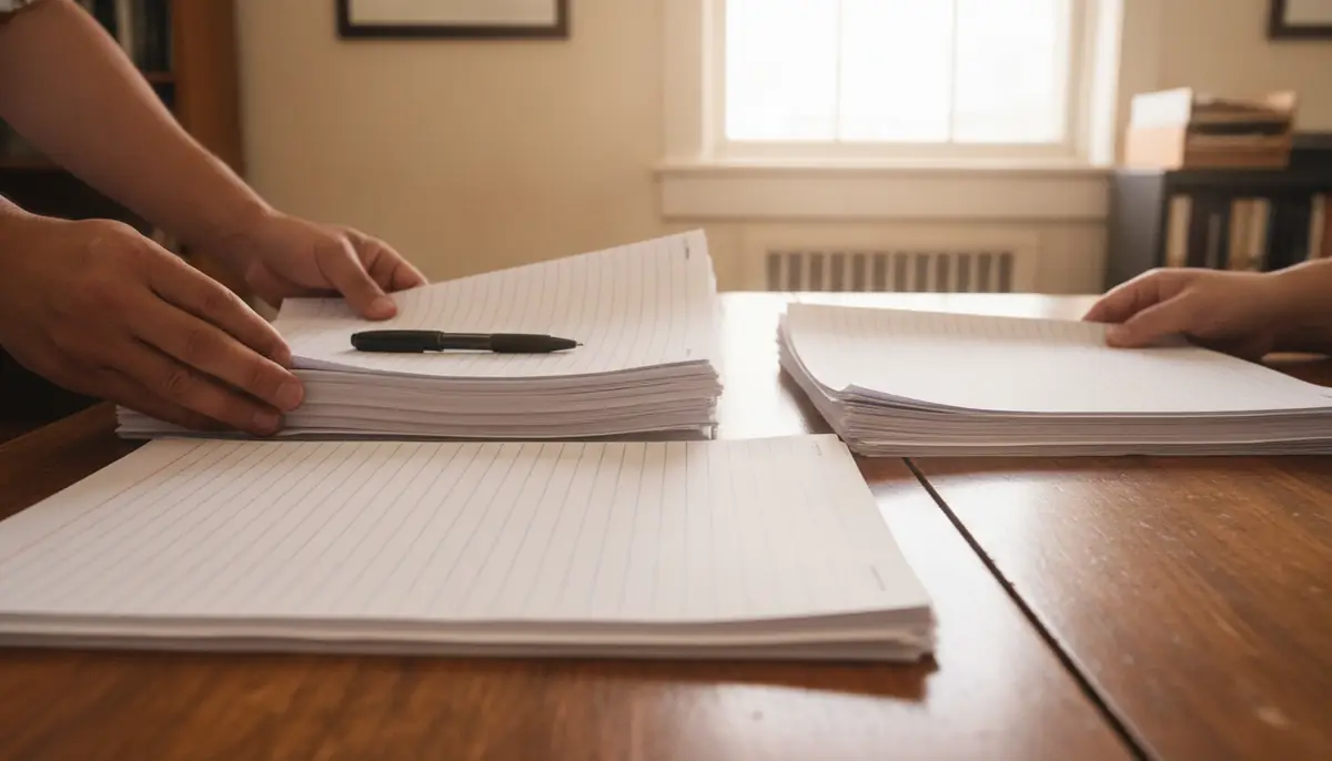 Mains verifiant des piles de feuilles de petition posees sur une table en bois