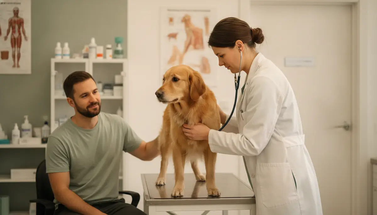 Un vétérinaire ausculte un chien en consultation, en présence de sa propriétaire
