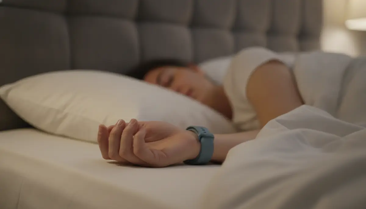 Un bracelet connecte de suivi du sommeil porte au poignet d'une personne endormie, lumiere tamisee de chambre a coucher.