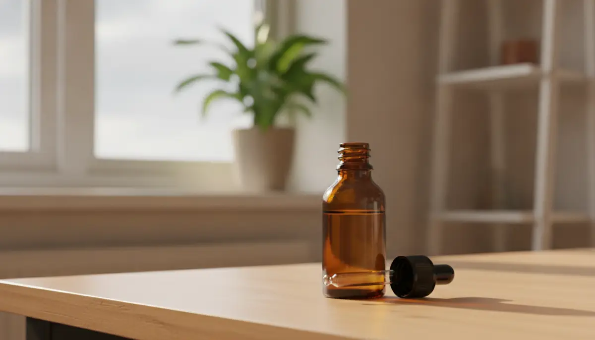 Flacon compte-gouttes d'huile de CBD pose sur une table en bois clair, pres d'une fenetre