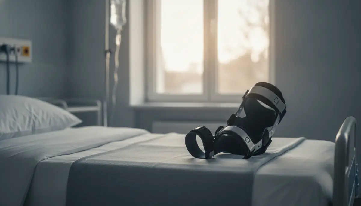 Salle de reveil d'un service de chirurgie orthopedique, lit medicalise et attelle de genou au premier plan