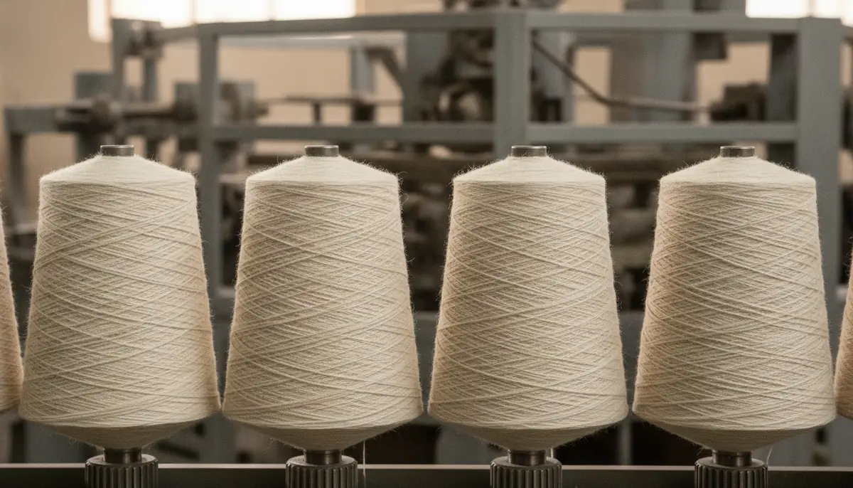 Bobines de fil de lin et de chanvre alignees sur une machine de filature dans une usine textile moderne