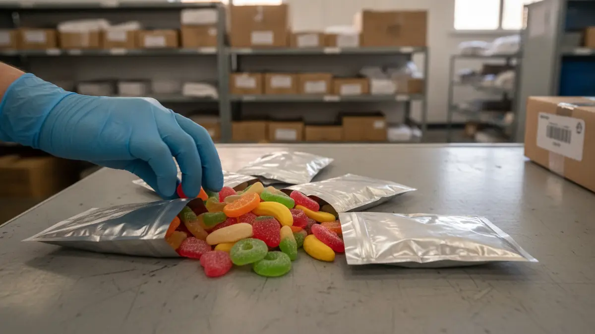 Paquets de bonbons gélifiés colorés posés sur une table de contrôle lors d'une saisie douanière
