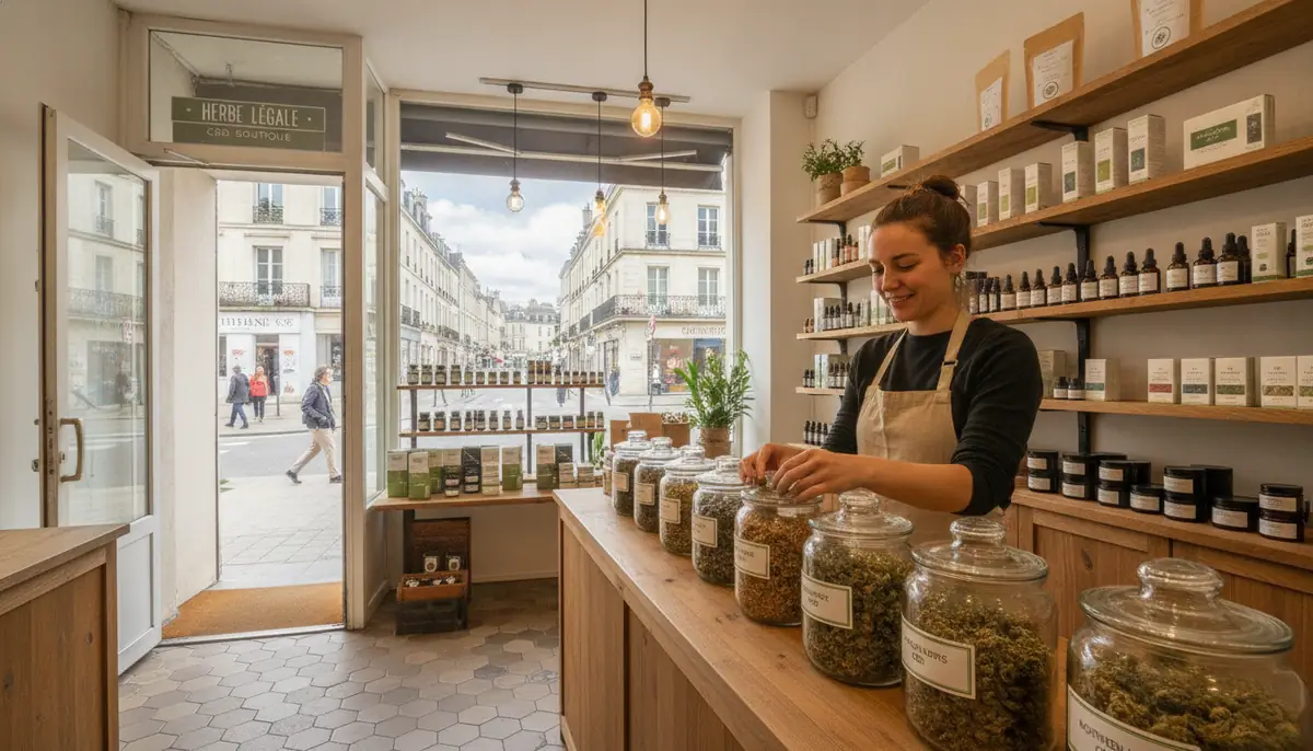 Interieur d'une boutique de CBD en France avec bocaux de fleurs sur le comptoir