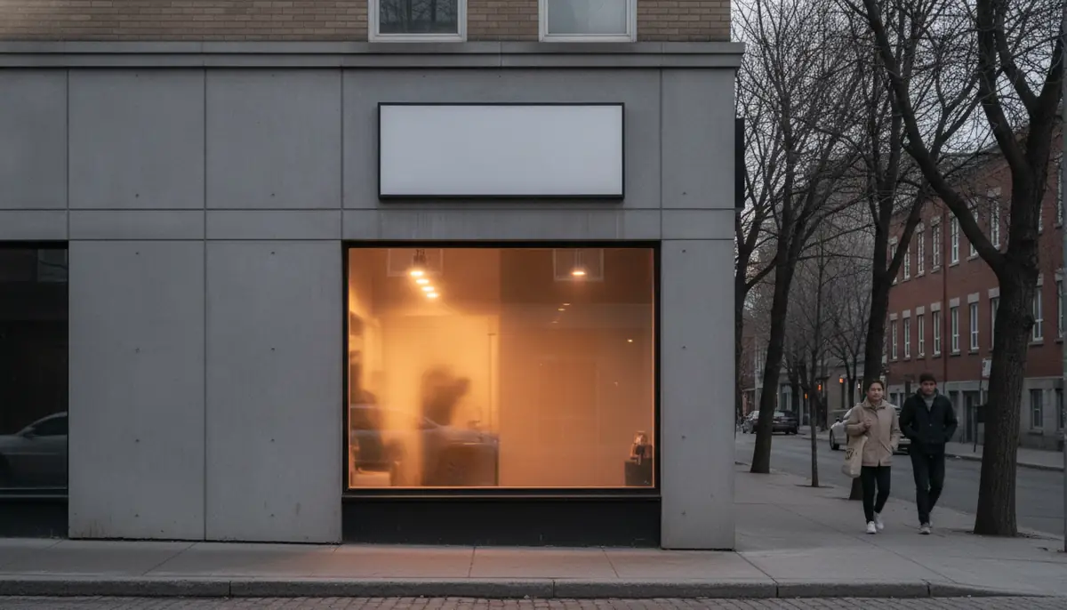 Devanture sobre d'une boutique de cannabis encadrée au Canada, vitrine neutre et éclairage doux