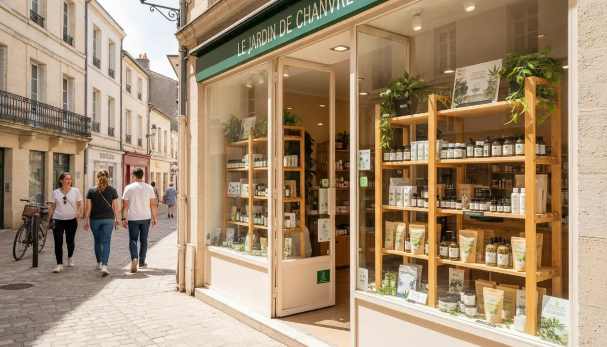 Devanture lumineuse d'une boutique de CBD en France avec une vitrine ouverte laissant voir les produits de chanvre