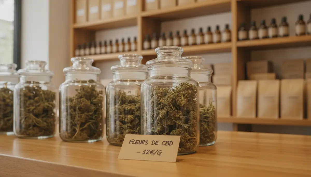 Présentation de fleurs de CBD légales dans une boutique française