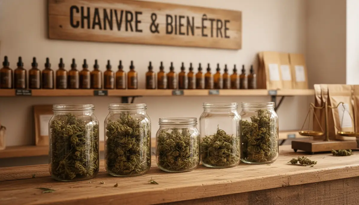 Bocaux de fleurs de CBD sur le comptoir d'une boutique francaise