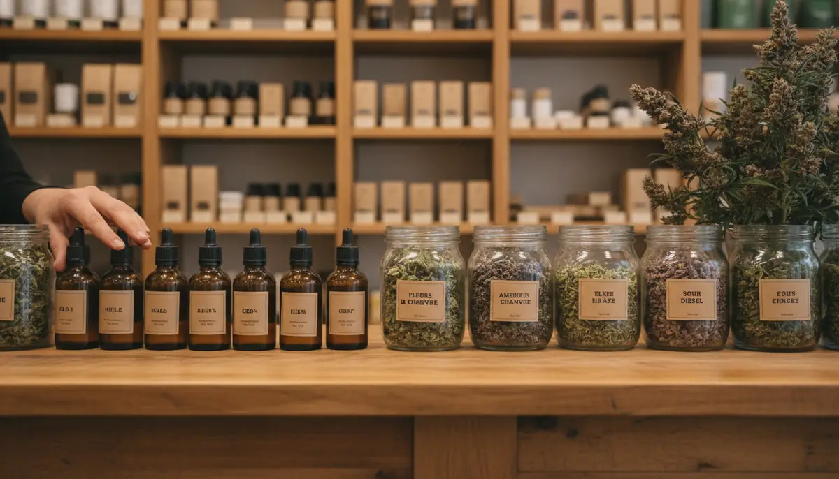 Comptoir d'une boutique française de CBD légal avec flacons d'huile et fleurs