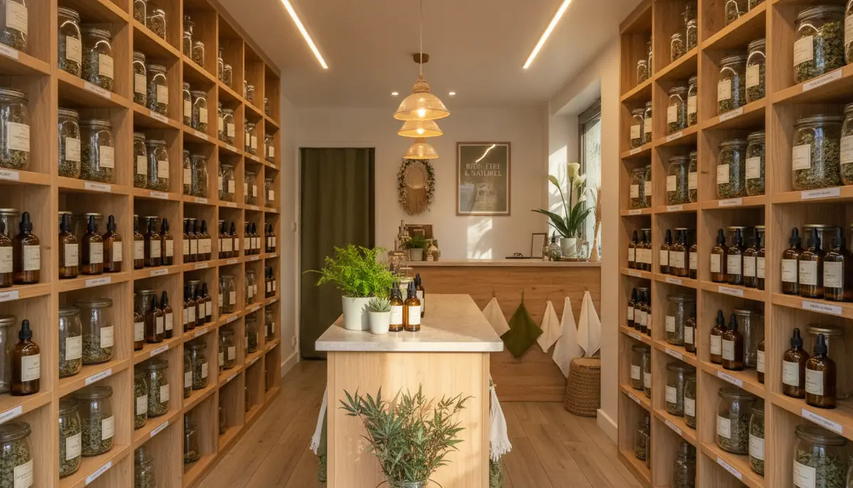 Rayons d'une boutique de CBD en France, fleurs et huiles bien rangees