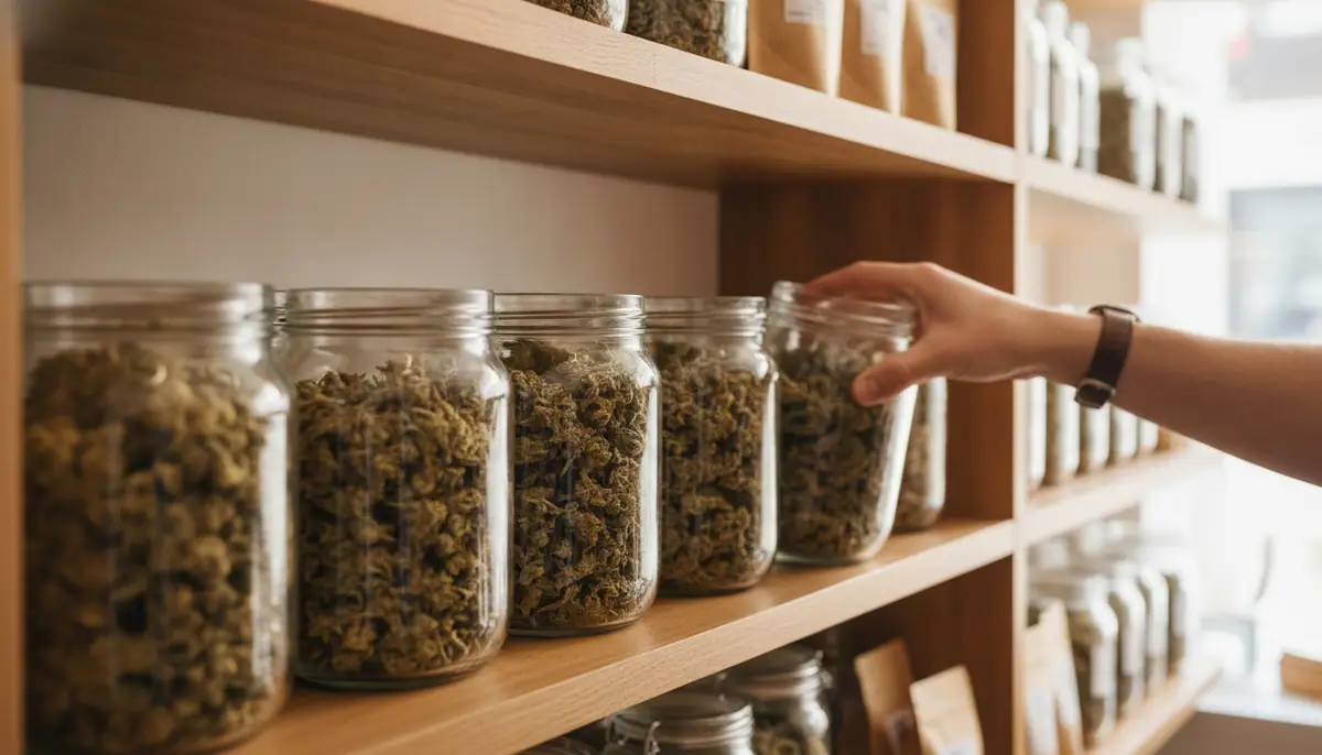 Bocaux en verre remplis de fleurs de chanvre sechees alignes sur l'etagere d'une boutique, lumiere chaude