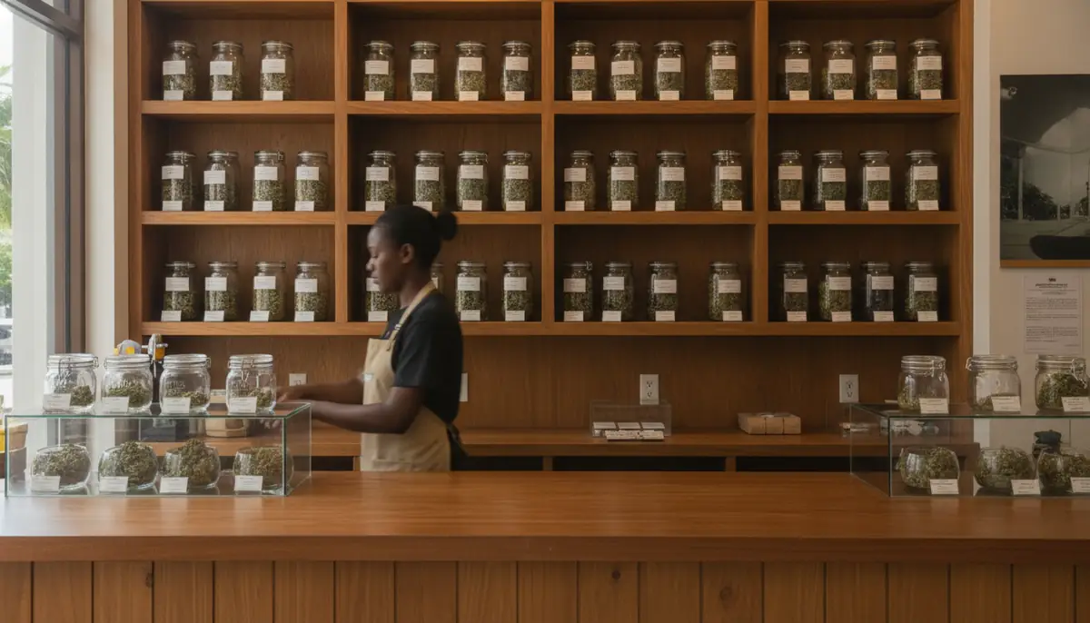 Comptoir d'une boutique de cannabis agréée, bocaux de fleurs alignés sur des étagères en bois, lumière chaude