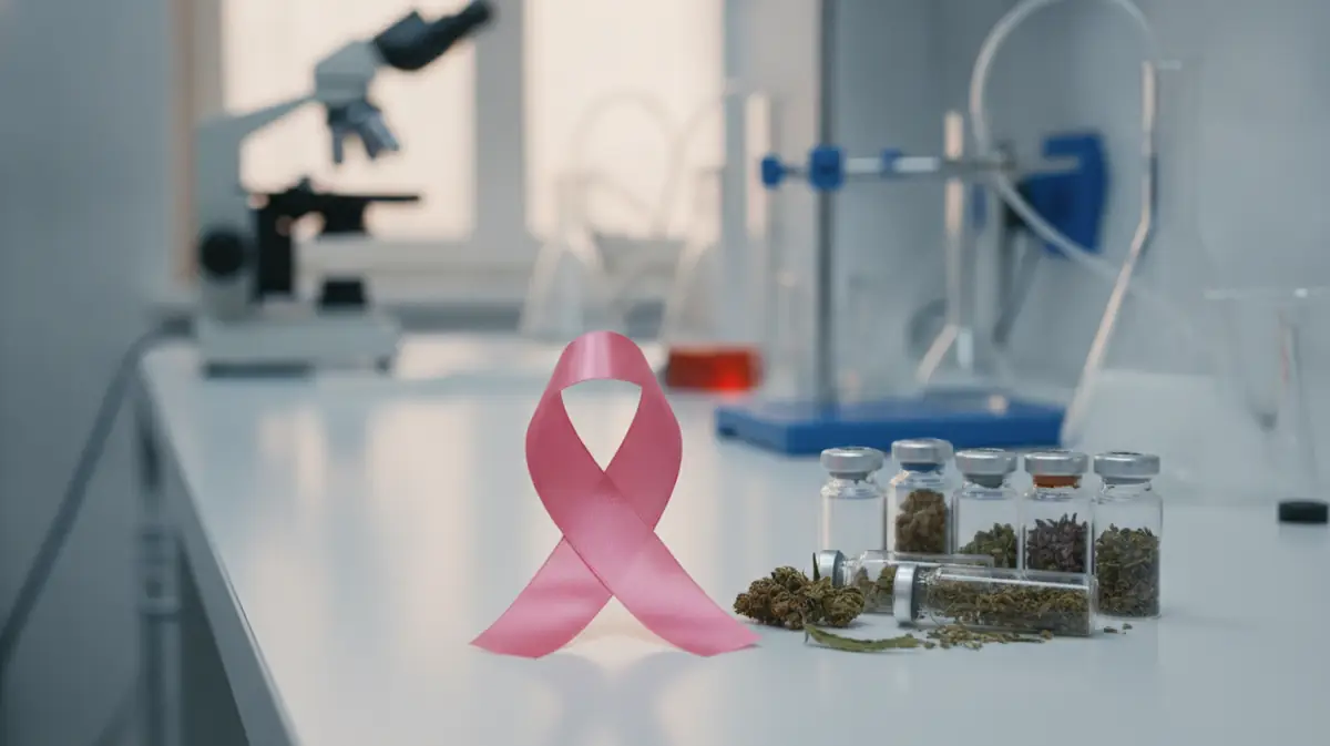 Un ruban rose pose sur une paillasse de laboratoire a cote de flacons et d echantillons de cannabis