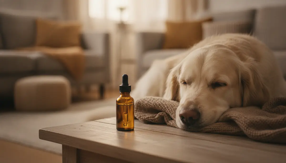 Flacon d'huile de CBD pose a cote d'un chien calme dans un salon, ambiance domestique chaleureuse
