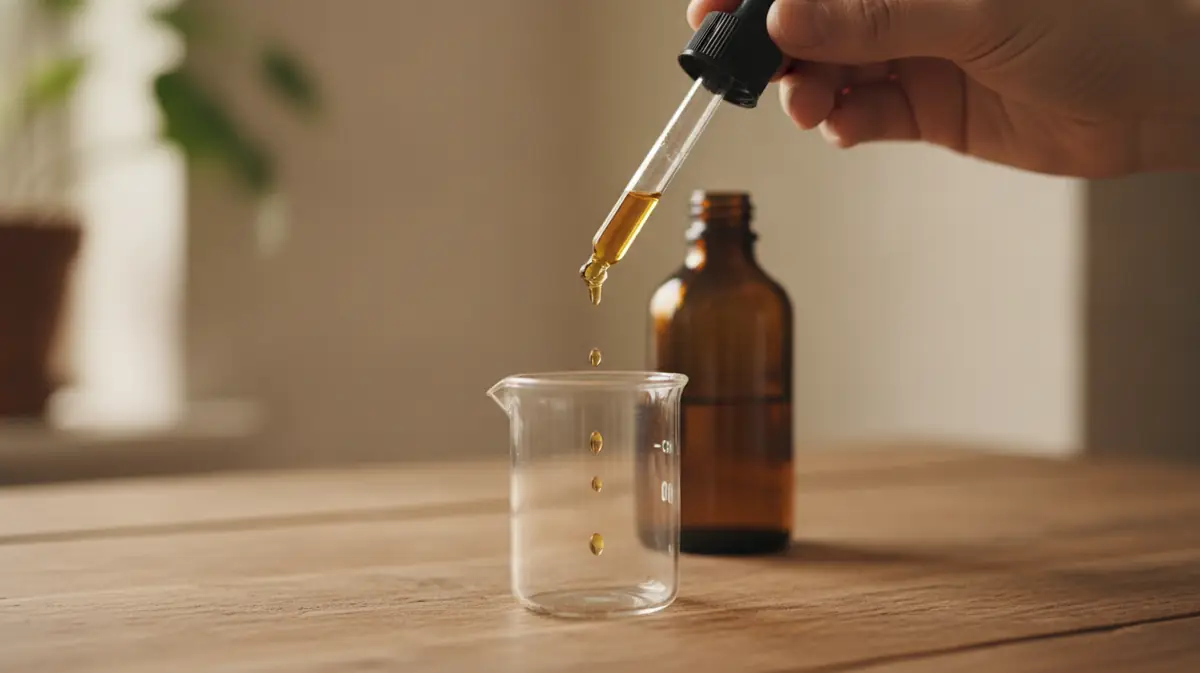 Main versant quelques gouttes d'huile de CBD au-dessus d'un verre, lumiere chaude