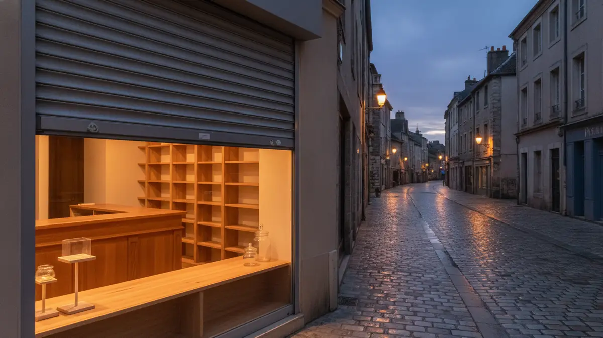 Comptoir d'une boutique de CBD en France avec un rideau de fer à demi baissé