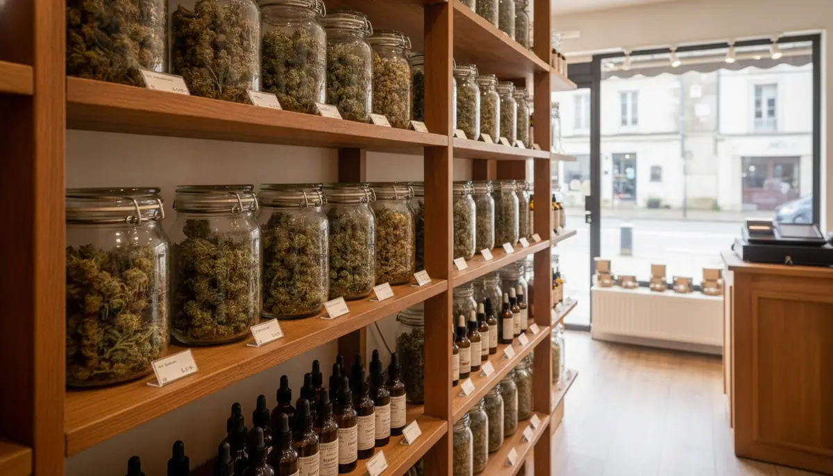 Rayon de fleurs et huiles de CBD légal dans une boutique française spécialisée