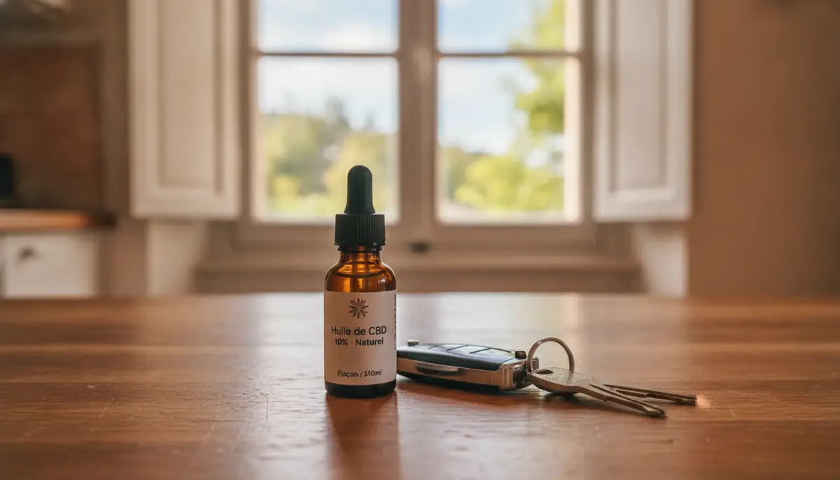 Flacon d'huile de CBD posé à côté de clés de voiture sur une table en bois