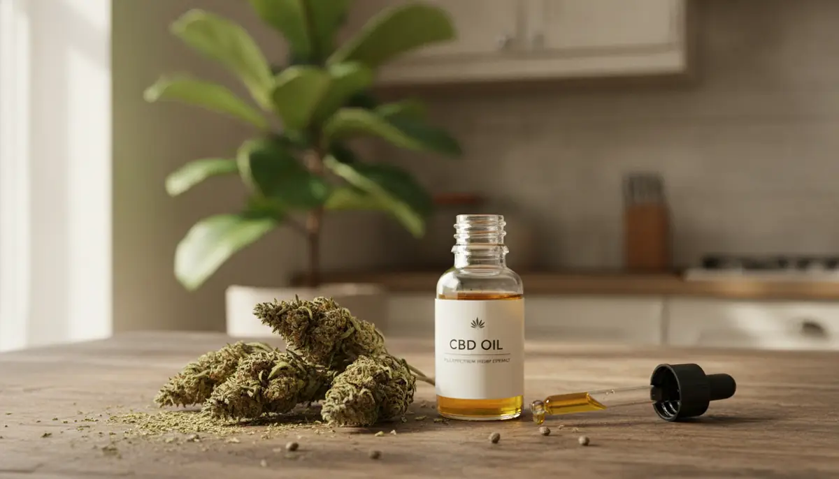 Fleurs de chanvre et flacon d'huile de CBD poses sur une table en bois, ambiance calme