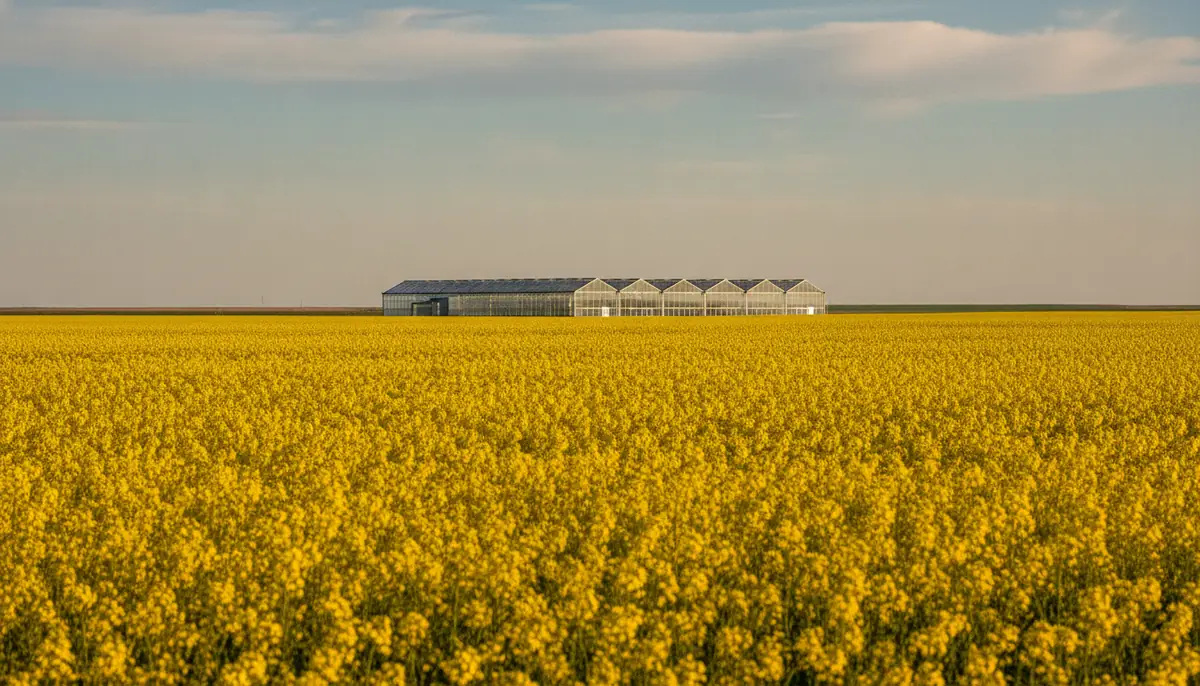 Vaste champ agricole canadien avec des cultures en rangs sous un ciel degage, illustrant la place du cannabis parmi les grandes cultures du pays