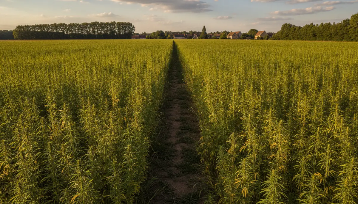 Large champ de chanvre en France a maturite, sous une lumiere doree de fin d'ete
