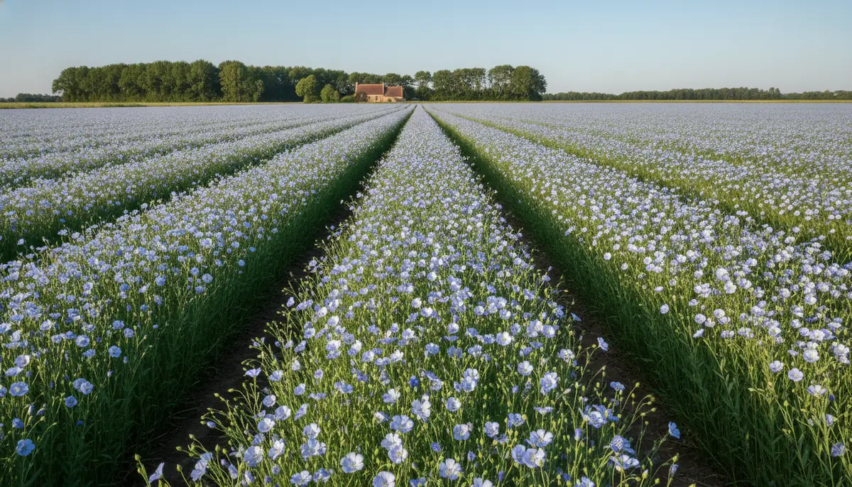 Large champ de lin en fleur dans la campagne francaise sous un ciel clair, rangees bleutees a perte de vue