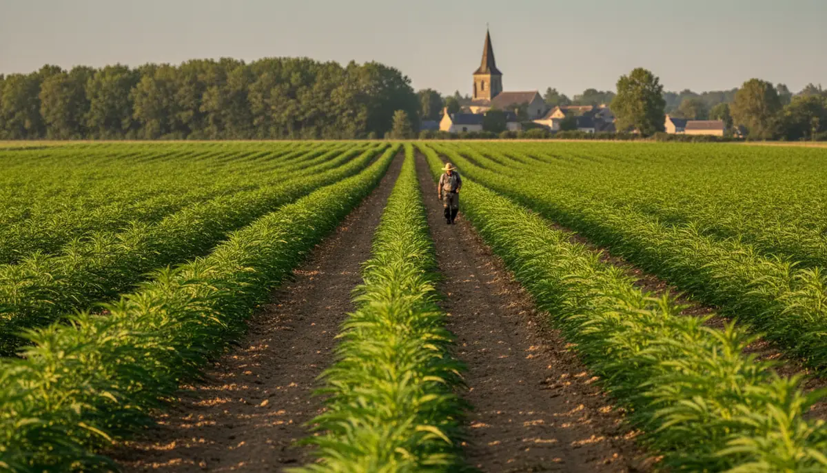 Rangs de plants de chanvre cultives en plein champ en France sous une lumiere douce de fin de journee